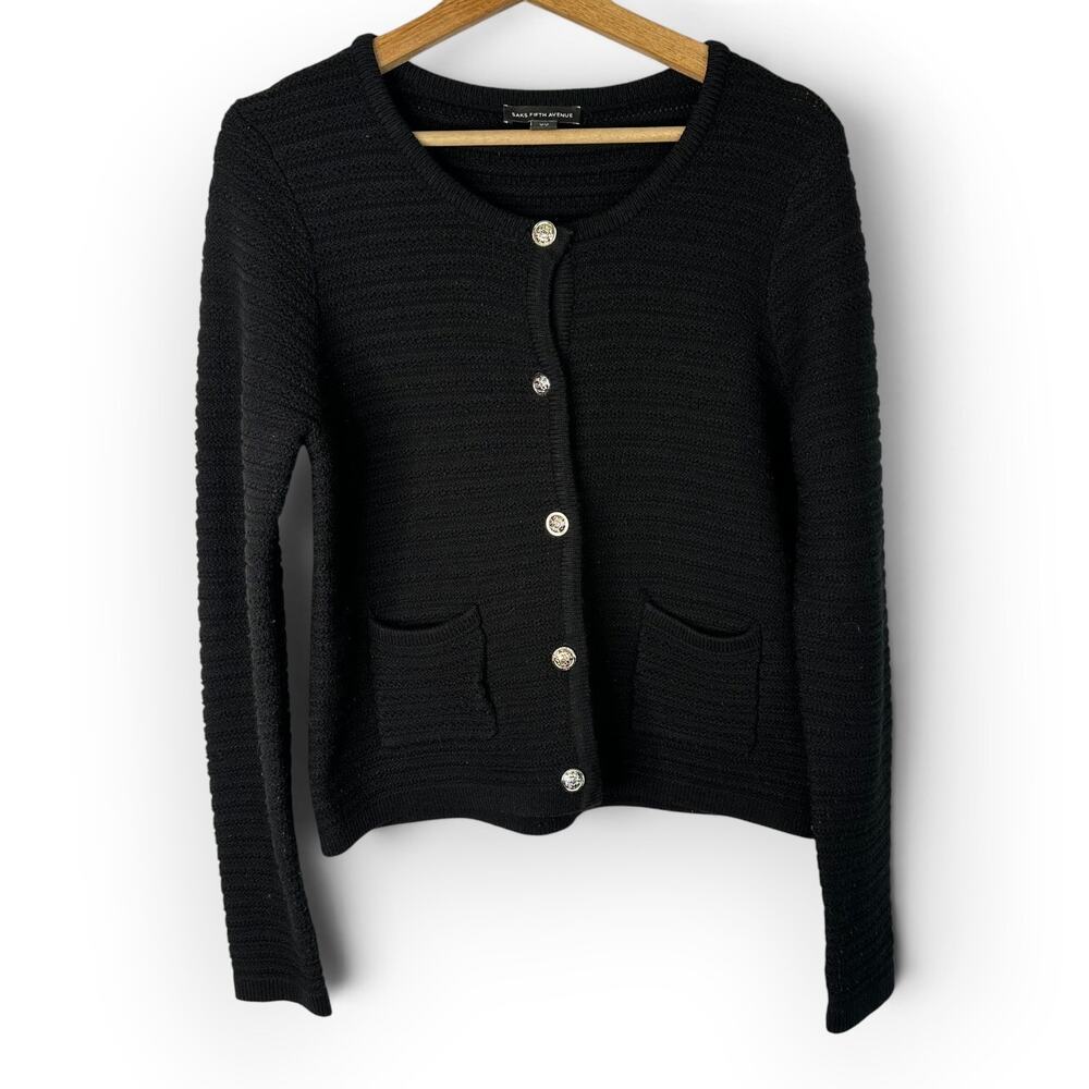 Saks Fifth Avenue Womens S Black Cardigan Gold Crest Buttons Pockets